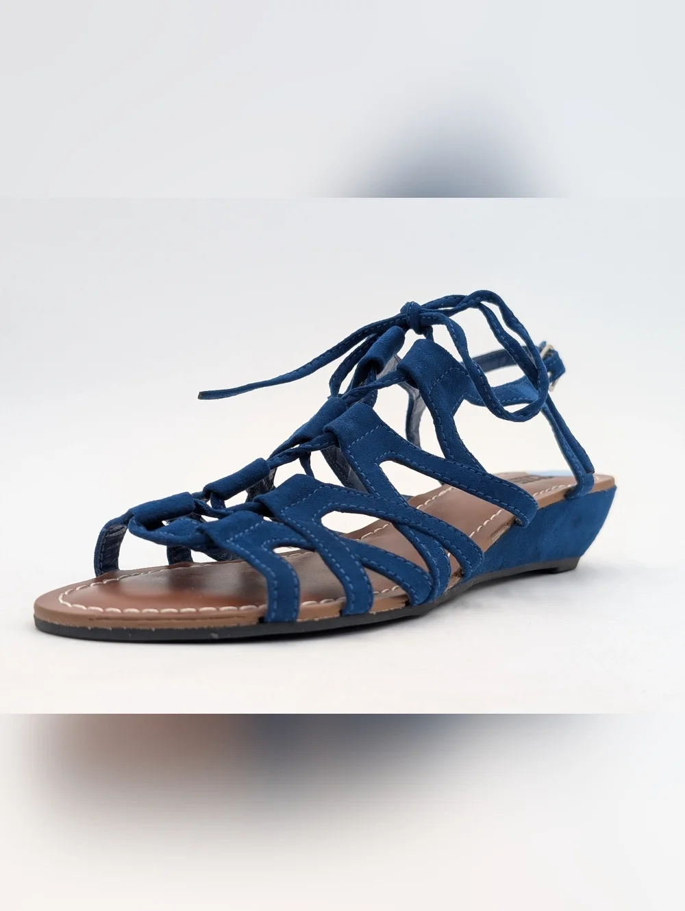 NWT Carlos Kiara2 Sz 7.5 Strappy Low-Wedge Rich Blue Fabric Upper Silver Buckles